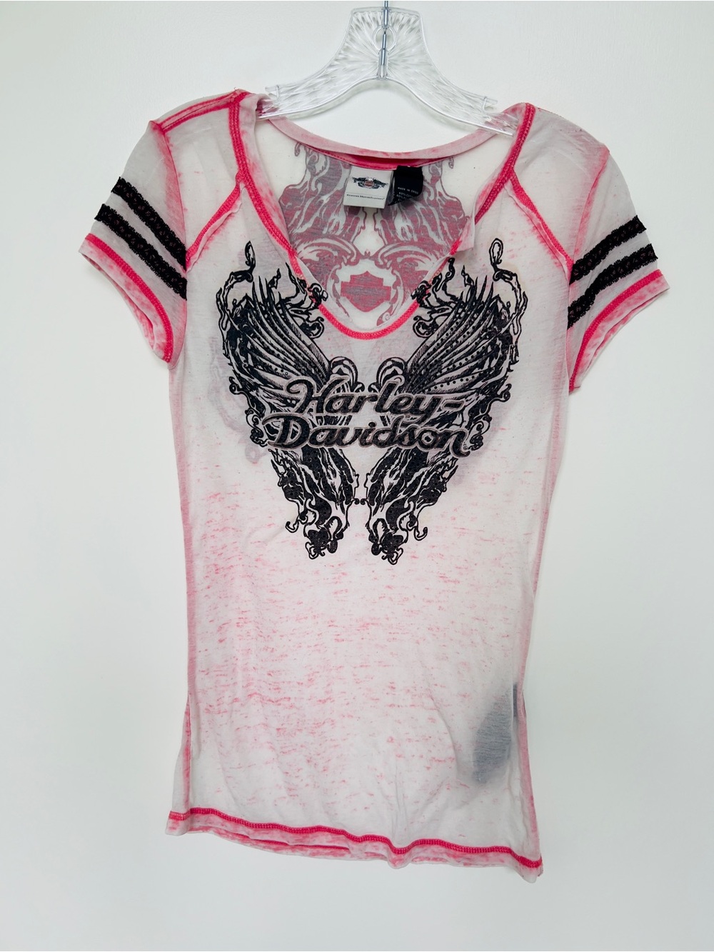 Harley-Davidson Pink Sheer Short Sleeve Tee with Black Wing Graphic